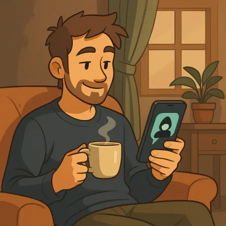 Uomo barbuto seduto comodamente su una poltrona, tenendo una tazza di caffè fumante in una mano e uno smartphone nell'altra. Sorride guardando lo schermo, dove appare una silhouette anonima. L'atmosfera interna è accogliente, con una pianta, una tenda e una finestra sullo sfondo