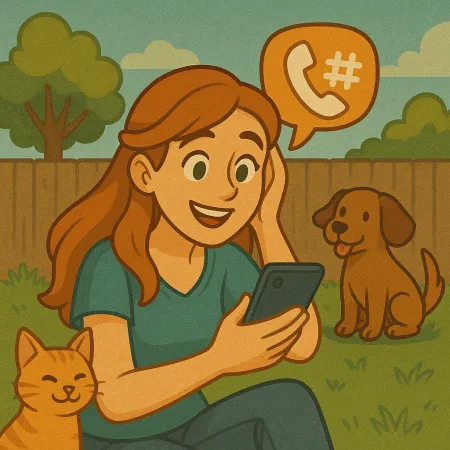 Donna rossa seduta sull'erba in un giardino, sorridente mentre guarda il suo smartphone. Un gatto arancione è accoccolato accanto a lei e un cane marrone è seduto nelle vicinanze. Una nuvoletta di dialogo contenente un'icona di telefono e un cancelletto fluttua sopra di lei, suggerendo una conversazione telefonica.