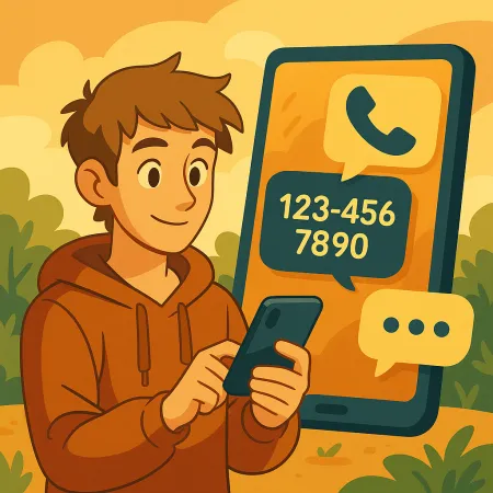Giovane uomo sorridente in felpa con cappuccio che utilizza il suo smartphone, con un grande schermo di telefono sullo sfondo che mostra un'icona di chiamata e un numero di telefono fittizio (123-456-7890), in un ambiente esterno stilizzato e accogliente.