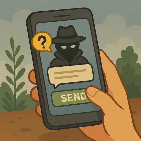 Mano che tiene uno smartphone con un personaggio mascherato in impermeabile e cappello, rappresentante un mittente anonimo. Una nuvoletta di dialogo con un punto interrogativo è visibile, così come un pulsante verde contrassegnato con 'INVIA', che suggerisce l'invio di un messaggio anonimo