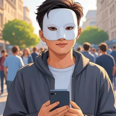 Un giovane dal look animato con una maschera bianca e una giacca con cappuccio grigia, guarda la telecamera mentre tiene uno smartphone in una strada affollata.