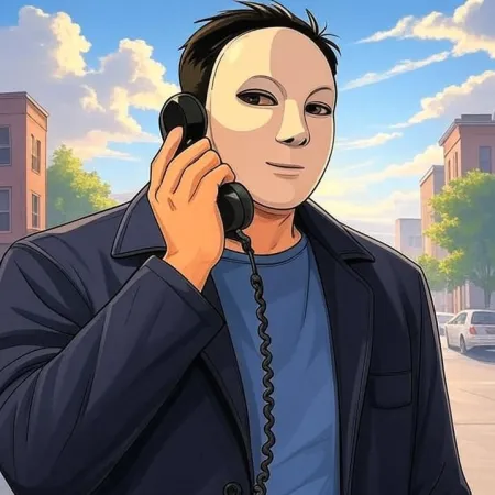 Un uomo con una maschera bianca, una giacca scura e una maglietta blu, parla nel ricevitore di un telefono nero vintage, con una strada della città sullo sfondo.
