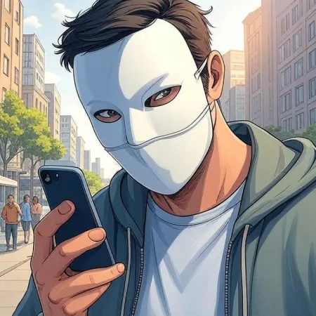 Un uomo con una maschera bianca e un felpa con cappuccio guarda il suo telefono cellulare in una strada della città. L'immagine è realizzata in uno stile di cartone animato o fumetto.
