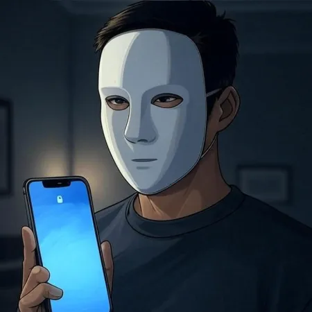Una persona con una maschera bianca che tiene uno smartphone con lo schermo di blocco acceso.