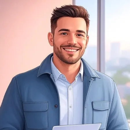 Un giovane uomo sorridente in abbigliamento professionale informale in un ufficio.