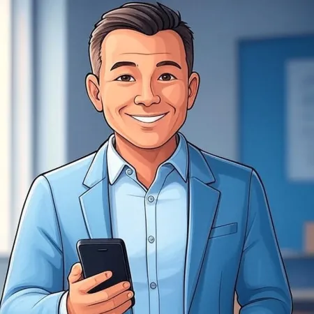 Illustrazione di un uomo d'affari sorridente in abito blu che tiene uno smartphone.