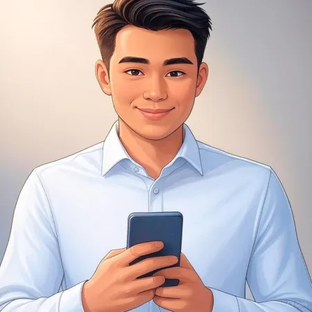 Illustrazione di un uomo d'affari sorridente in abito blu che tiene uno smartphone.