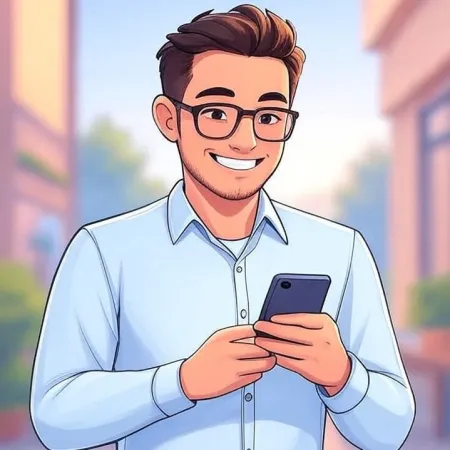 Giovane uomo sorridente con occhiali e camicia blu, che guarda il suo smartphone.