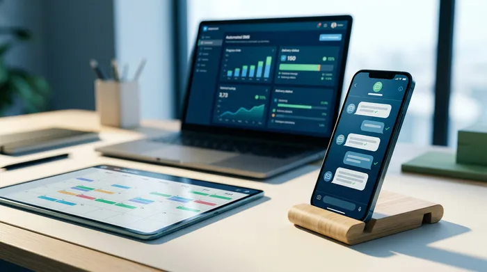 Un'immagine divisa in due parti che mostra uno smartphone: a sinistra, un'interfaccia di messaggistica con un'opzione di programmazione dell'invio, e a destra, una notifica di promemoria su una scrivania di legno.