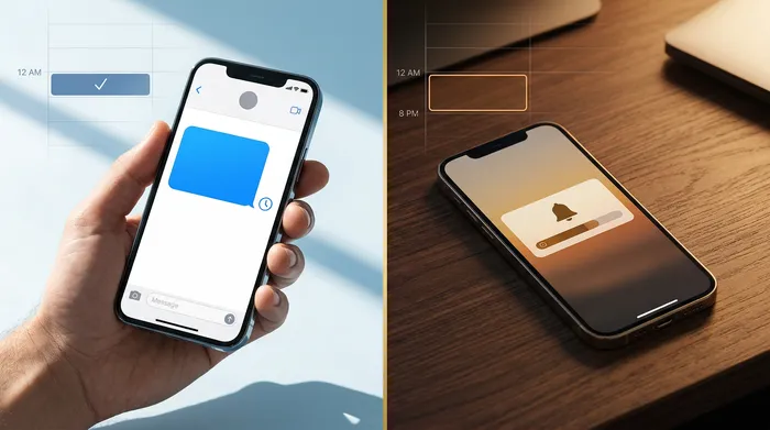 Uno smartphone che mostra un'applicazione di messaggistica poggiato sul bancone di un salone da parrucchiere in legno chiaro, accompagnato da forbici professionali e prodotti di bellezza sullo sfondo.