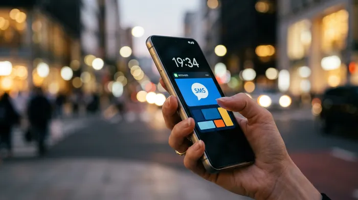 Una persona che tiene in mano uno smartphone che mostra un'applicazione di messaggistica, seduta a una scrivania con un computer portatile, un taccuino e una tazza di caffè.