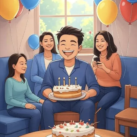Uomo sorridente che tiene una torta con cinque candeline, circondato da amici in un salotto decorato con palloncini colorati.