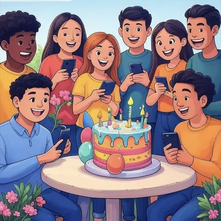 Gruppo di giovani sorridenti che circondano una torta di compleanno colorata con candele, palloncini e decorazioni, mentre tengono i loro telefoni.