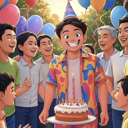 Ragazzo sorridente con cappello da festa che tiene una torta con una candela unica, circondato da ospiti e palloncini colorati all'aperto.