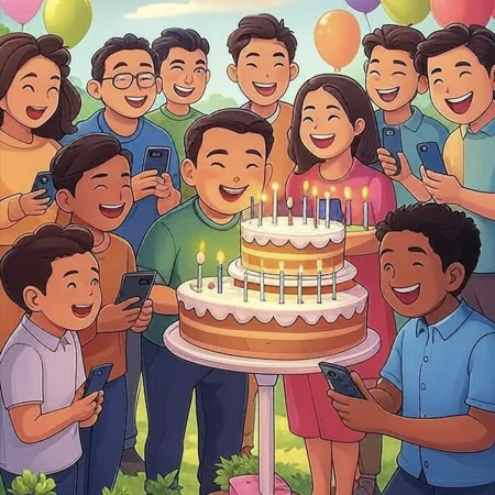 Gruppo di persone sorridenti attorno a una grande torta a due piani con diverse candele accese, mentre scattano foto con i loro telefoni.