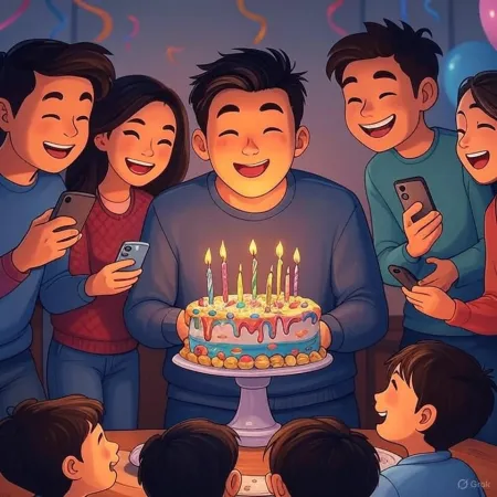Illustrazione di un compleanno in cui un uomo sorridente tiene una torta decorata con candele accese, circondato da amici e cari che scattano foto con i loro telefoni.