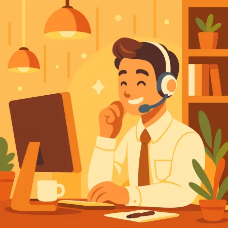 Illustrazione di un uomo sorridente con cuffie che lavora su un computer desktop in un ambiente caldo e confortevole con piante e una tazza di caffè