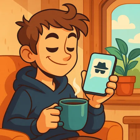 Illustrazione di un giovane uomo sorridente, seduto comodamente con una tazza di caffè, che tiene uno smartphone che mostra un'icona di messaggio anonimo con un cappello e occhiali neri