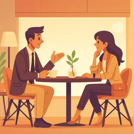 Illustrazione di due persone che discutono faccia a faccia in un caffè, un uomo in giacca e una donna in abbigliamento casual elegante, seduti a un tavolo con una piccola pianta al centro